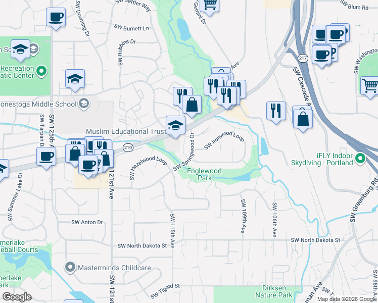 map of restaurants, bars, coffee shops, grocery stores, and more near 11341 Southwest Springwood Drive in Tigard