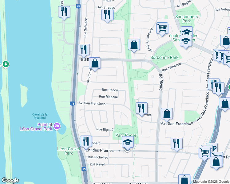 map of restaurants, bars, coffee shops, grocery stores, and more near 990 Rue Renoir in Brossard