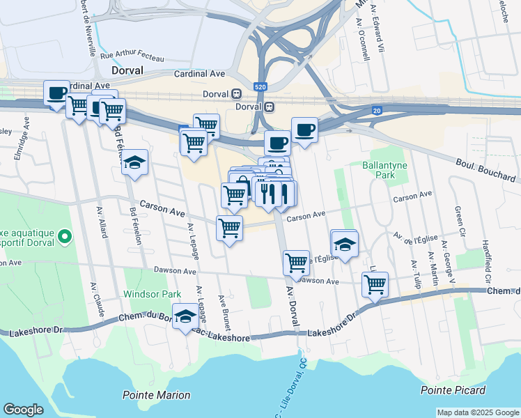 map of restaurants, bars, coffee shops, grocery stores, and more near 340 Avenue Dorval in Dorval