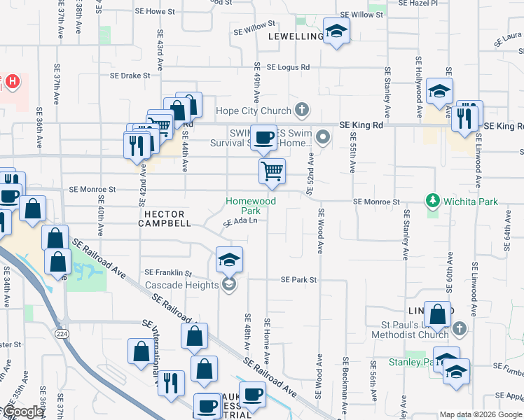 map of restaurants, bars, coffee shops, grocery stores, and more near 4871 Southeast Ada Lane in Milwaukie