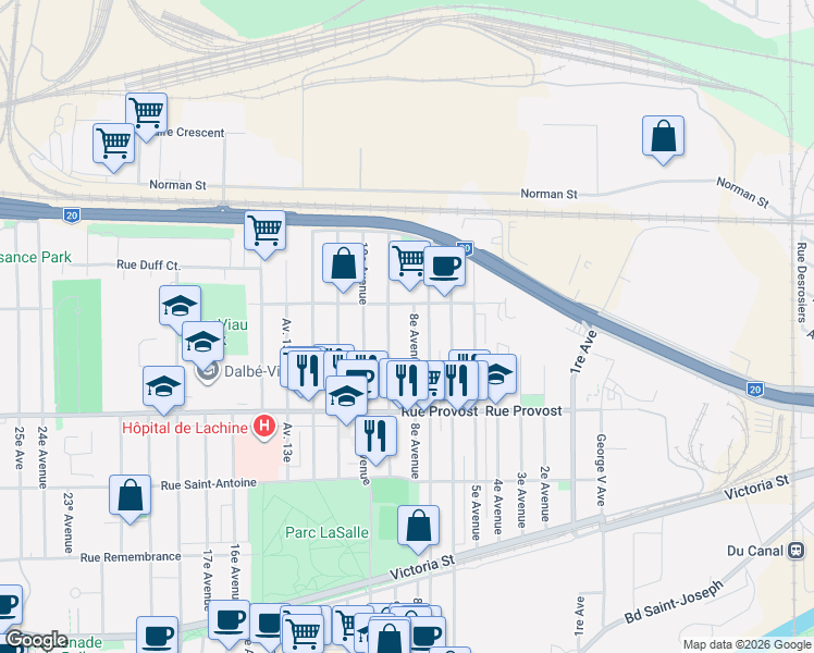 map of restaurants, bars, coffee shops, grocery stores, and more near 777 8e Avenue in Montréal