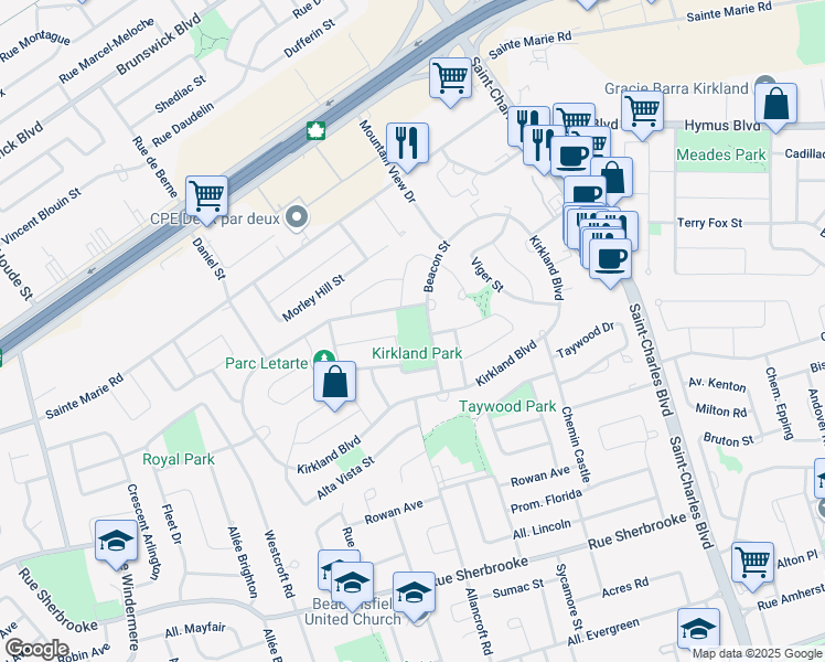 map of restaurants, bars, coffee shops, grocery stores, and more near 260 Rue Beacon in Kirkland