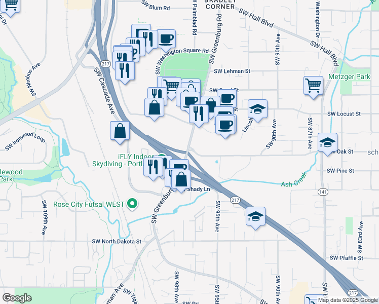 map of restaurants, bars, coffee shops, grocery stores, and more near 10338 Southwest Greenburg Road in Portland