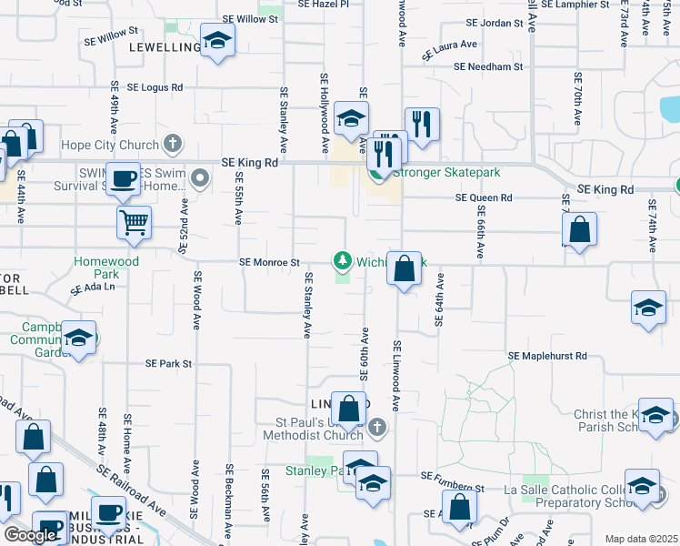 map of restaurants, bars, coffee shops, grocery stores, and more near 5908 Southeast Monroe Street in Milwaukie