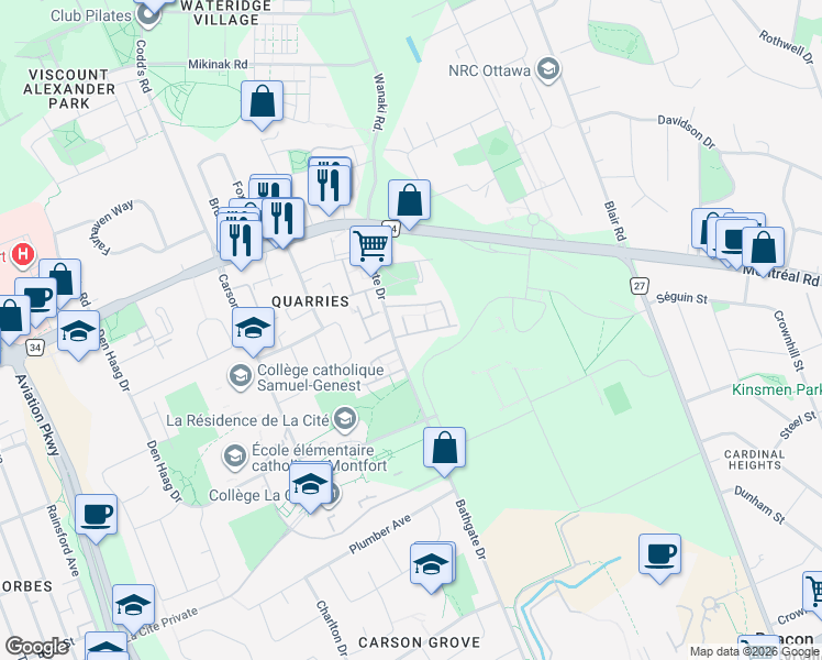 map of restaurants, bars, coffee shops, grocery stores, and more near 415 Armonia Private in Ottawa
