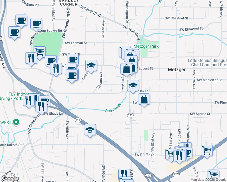 map of restaurants, bars, coffee shops, grocery stores, and more near 10446 Southwest Akilean Terrace in Tigard