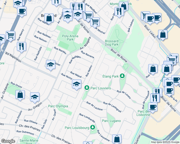 map of restaurants, bars, coffee shops, grocery stores, and more near 8015 Rue Nehru in Brossard