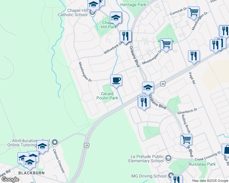 map of restaurants, bars, coffee shops, grocery stores, and more near 1965 Du Clairvaux Road in Ottawa
