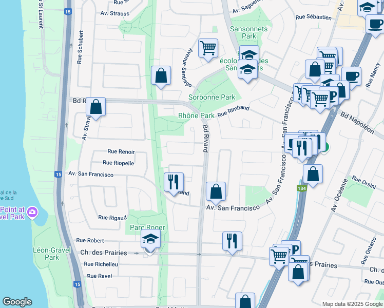 map of restaurants, bars, coffee shops, grocery stores, and more near Rue du Rhone in Brossard
