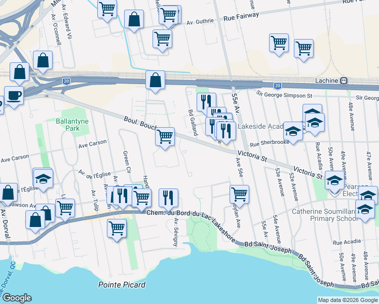 map of restaurants, bars, coffee shops, grocery stores, and more near 271 Avenue de l'Académie in Dorval