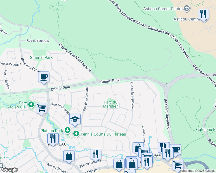 map of restaurants, bars, coffee shops, grocery stores, and more near 75 Rue des Conifères in Gatineau