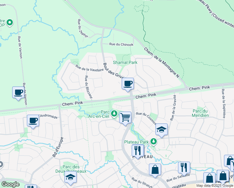 map of restaurants, bars, coffee shops, grocery stores, and more near 599 Boulevard des Grives in Gatineau