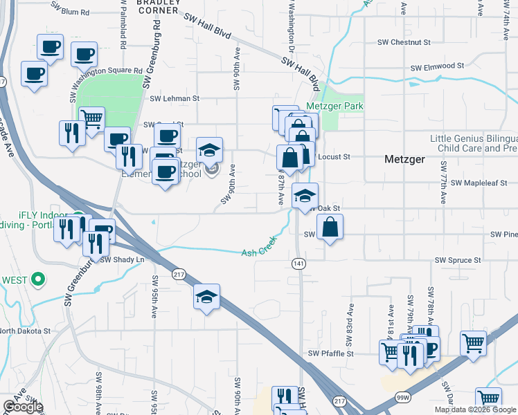 map of restaurants, bars, coffee shops, grocery stores, and more near 10442 Southwest Akilean Terrace in Tigard