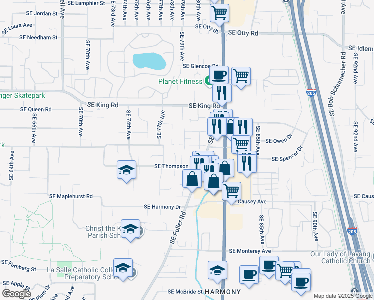 map of restaurants, bars, coffee shops, grocery stores, and more near 10819 Southeast Fuller Road in Milwaukie