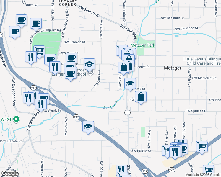 map of restaurants, bars, coffee shops, grocery stores, and more near 8840 Southwest Oak Street in Tigard