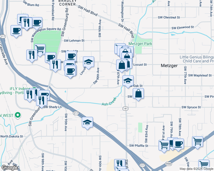 map of restaurants, bars, coffee shops, grocery stores, and more near 8910 Southwest Oak Street in Tigard