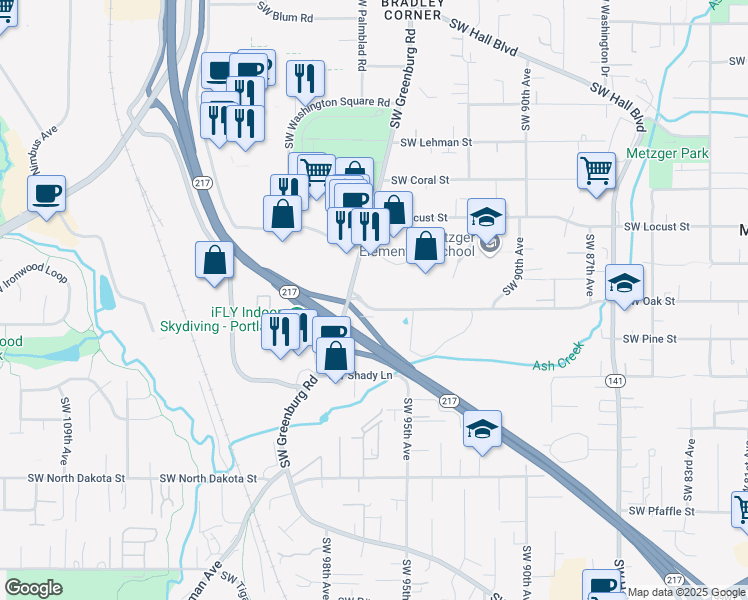 map of restaurants, bars, coffee shops, grocery stores, and more near 10338 Southwest Greenburg Road in Portland