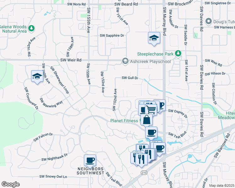 map of restaurants, bars, coffee shops, grocery stores, and more near 10777 Southwest Heron Circle in Beaverton