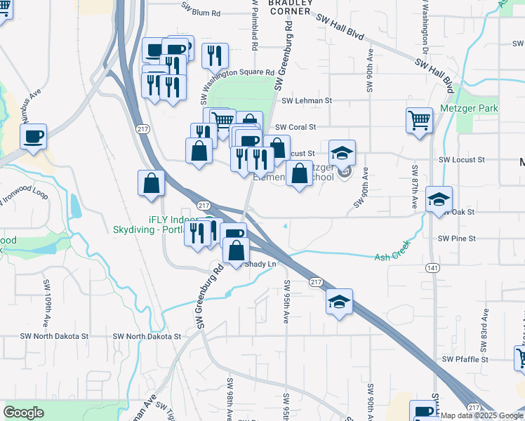 map of restaurants, bars, coffee shops, grocery stores, and more near 10500 Southwest Greenburg Road in Portland