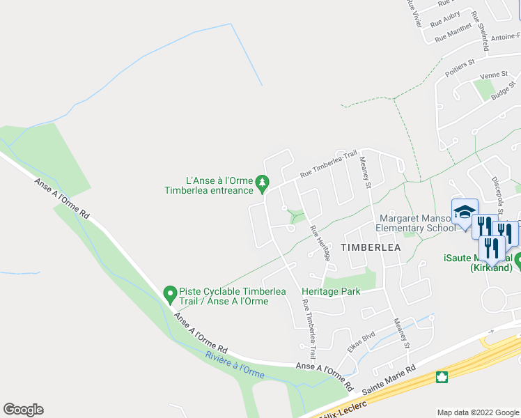 map of restaurants, bars, coffee shops, grocery stores, and more near 68 Rue Timberlea-Trail in Kirkland
