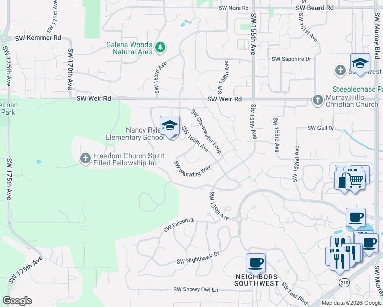 map of restaurants, bars, coffee shops, grocery stores, and more near 16010 Southwest Waxwing Way in Beaverton