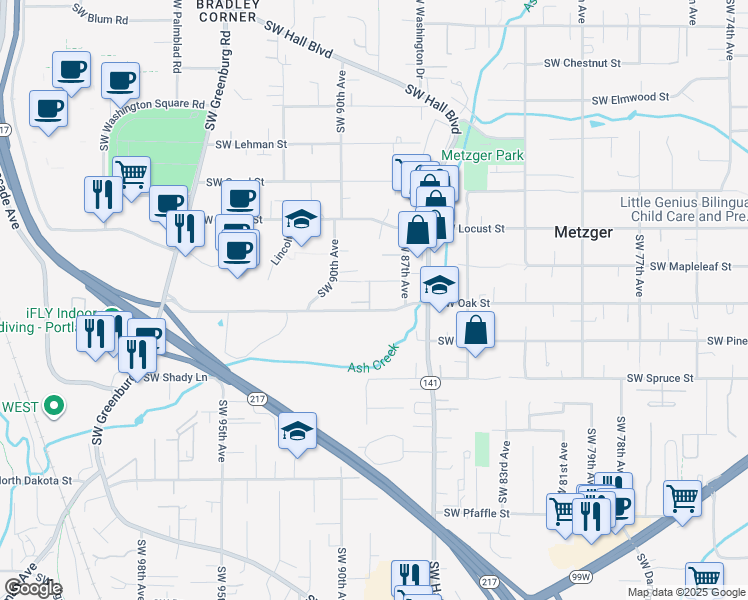map of restaurants, bars, coffee shops, grocery stores, and more near 8840 Southwest Oak Street in Tigard