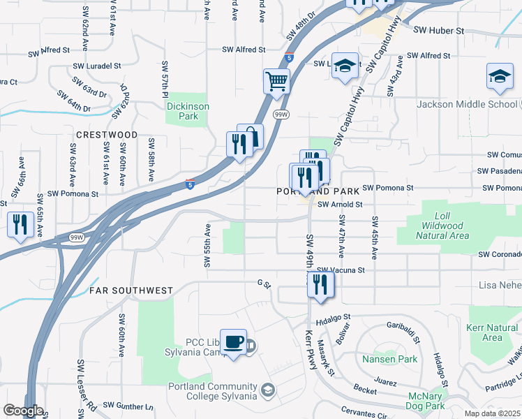 map of restaurants, bars, coffee shops, grocery stores, and more near 5206 Southwest Arnold Street in Portland