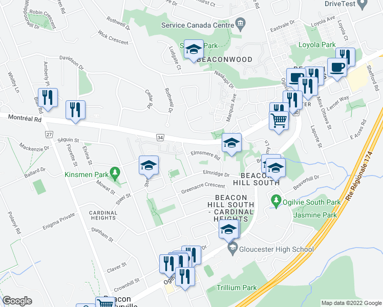 map of restaurants, bars, coffee shops, grocery stores, and more near Elmsmere Road in Ottawa