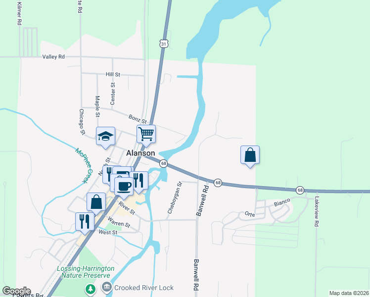 map of restaurants, bars, coffee shops, grocery stores, and more near 7320 Spring Street in Alanson