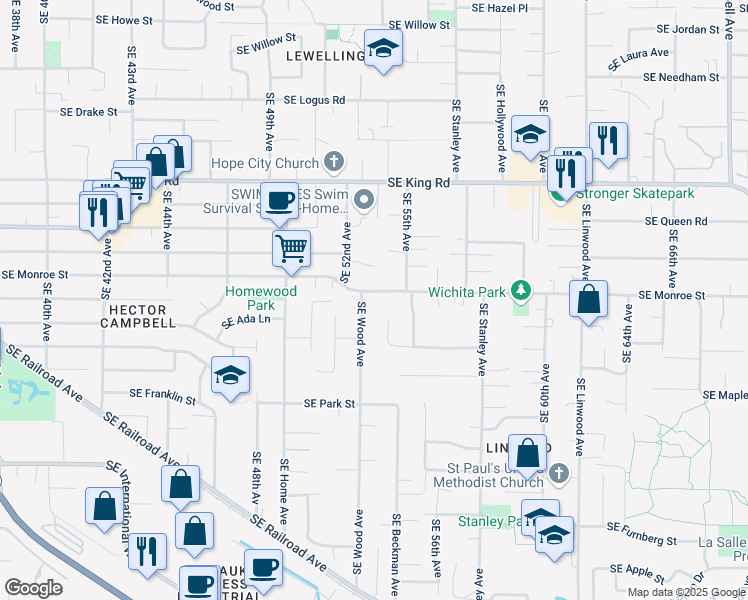 map of restaurants, bars, coffee shops, grocery stores, and more near 10918 Southeast Wood Avenue in Milwaukie