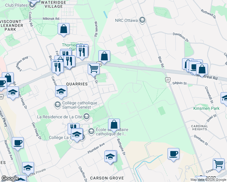 map of restaurants, bars, coffee shops, grocery stores, and more near in Ottawa