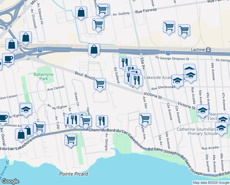 map of restaurants, bars, coffee shops, grocery stores, and more near 271 Avenue de l'Académie in Dorval