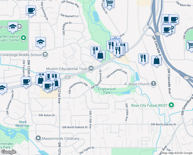 map of restaurants, bars, coffee shops, grocery stores, and more near 11367 Southwest Springwood Drive in Tigard