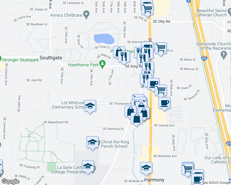 map of restaurants, bars, coffee shops, grocery stores, and more near 7942 Southeast Monroe Street in Portland