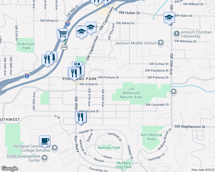 map of restaurants, bars, coffee shops, grocery stores, and more near 4434 Southwest Arnold Street in Portland