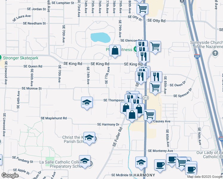 map of restaurants, bars, coffee shops, grocery stores, and more near 7940 Southeast Monroe Street in Portland