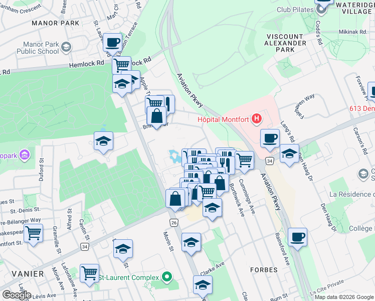 map of restaurants, bars, coffee shops, grocery stores, and more near in Ottawa