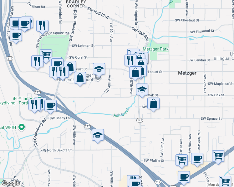 map of restaurants, bars, coffee shops, grocery stores, and more near 8910 Southwest Oak Street in Tigard