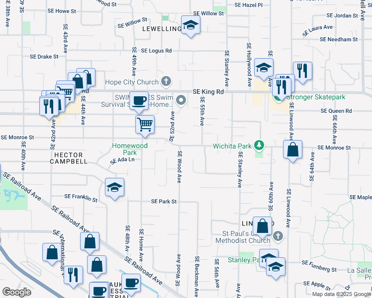 map of restaurants, bars, coffee shops, grocery stores, and more near 10918 Southeast Wood Avenue in Milwaukie
