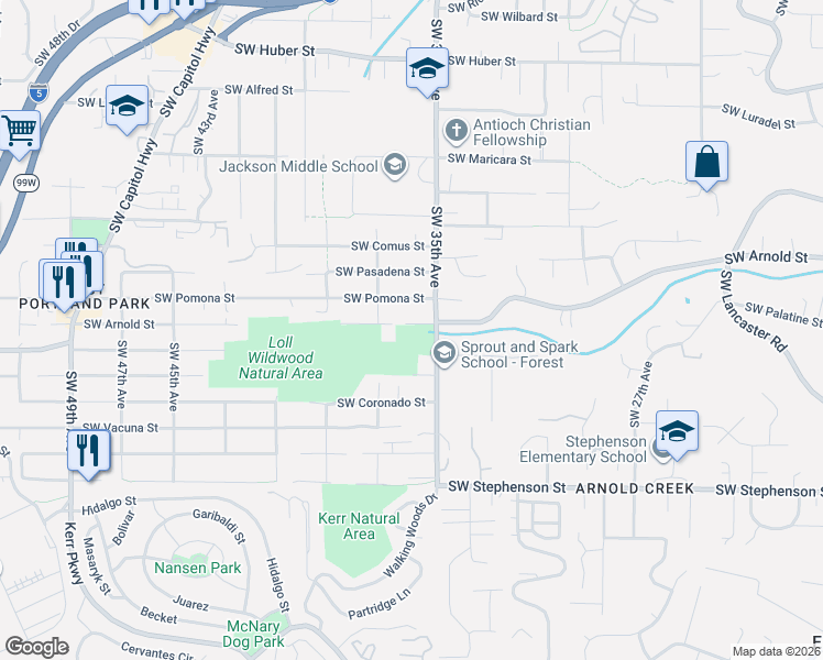 map of restaurants, bars, coffee shops, grocery stores, and more near 3535 Southwest Buddington Street in Portland