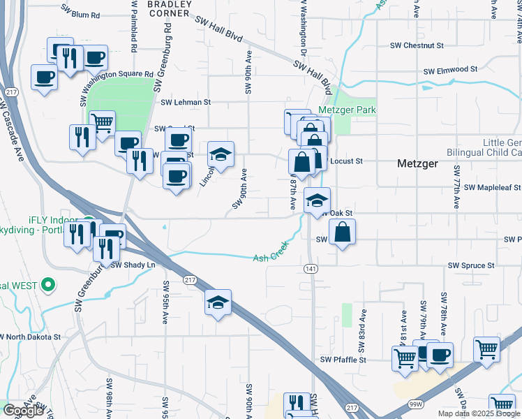 map of restaurants, bars, coffee shops, grocery stores, and more near 8910 Southwest Oak Street in Tigard
