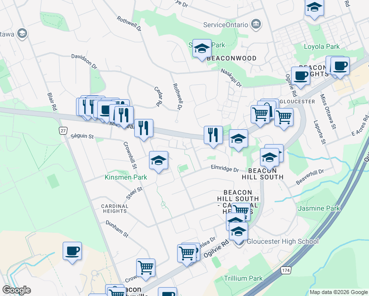 map of restaurants, bars, coffee shops, grocery stores, and more near in Ottawa