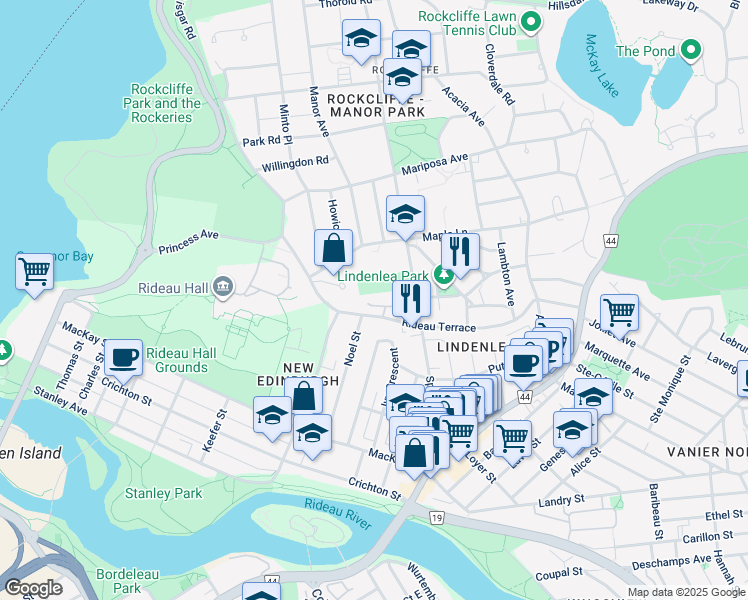 map of restaurants, bars, coffee shops, grocery stores, and more near 37 Rideau Terrace in Ottawa