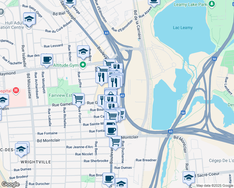 map of restaurants, bars, coffee shops, grocery stores, and more near 424 Boulevard Saint-Joseph in Gatineau