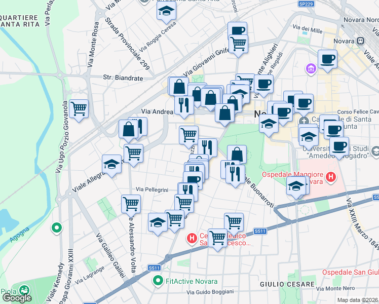 map of restaurants, bars, coffee shops, grocery stores, and more near 10 Via Perazzi in Novara