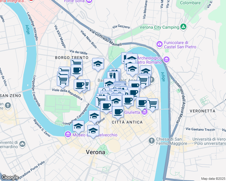 map of restaurants, bars, coffee shops, grocery stores, and more near 12 Via San Salvatore Vecchio in Verona