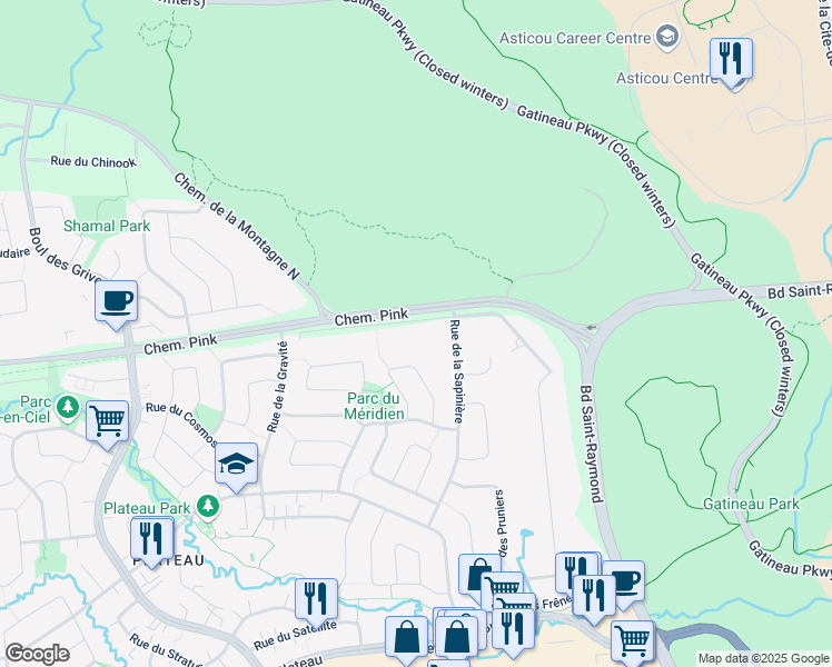 map of restaurants, bars, coffee shops, grocery stores, and more near 55 Rue des Conifères in Gatineau