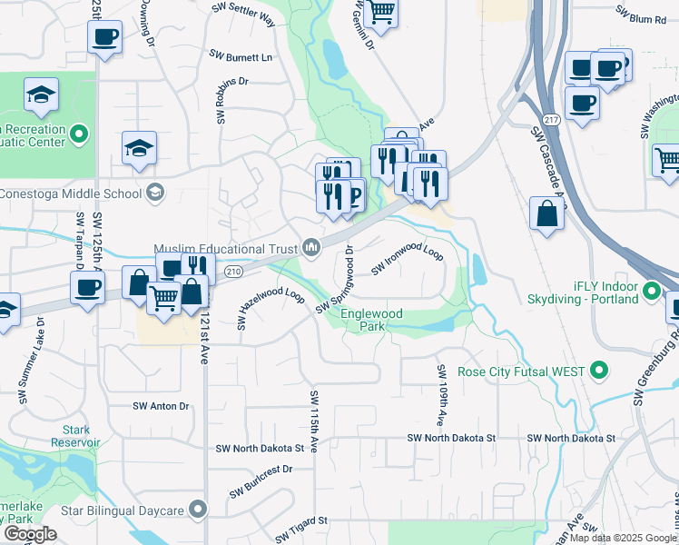map of restaurants, bars, coffee shops, grocery stores, and more near 11297 Southwest Springwood Drive in Tigard
