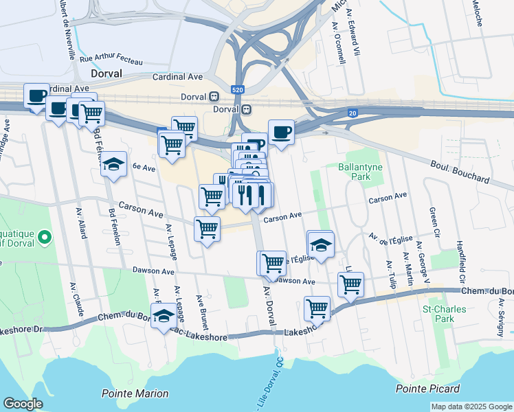 map of restaurants, bars, coffee shops, grocery stores, and more near in Dorval