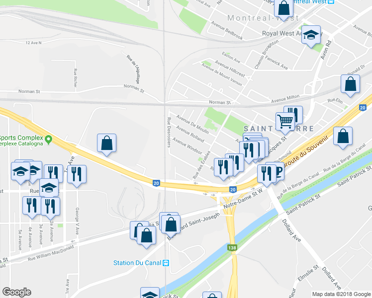 map of restaurants, bars, coffee shops, grocery stores, and more near 98 Avenue Windsor in Montréal